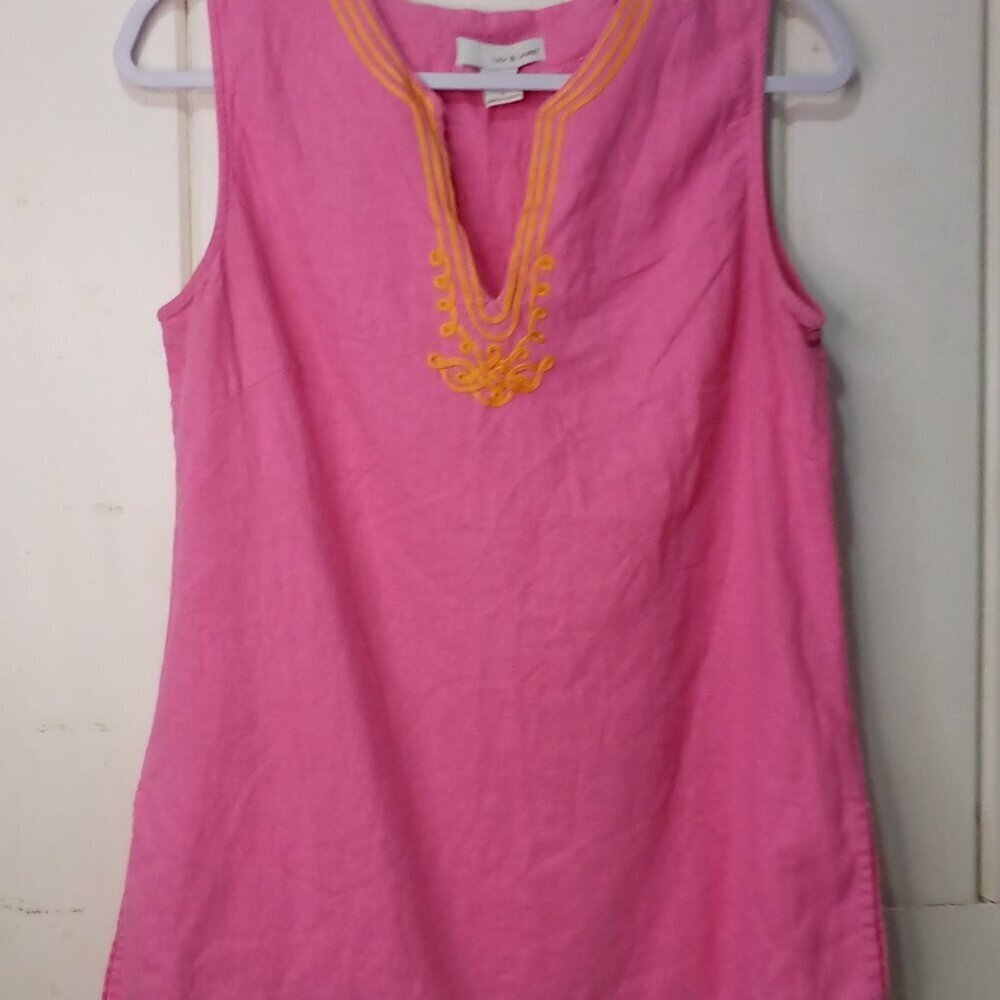 Lucy & Laurel Blouse L Sleeveless V-Neck Embroidery Trim Pink Orange Linen Blend